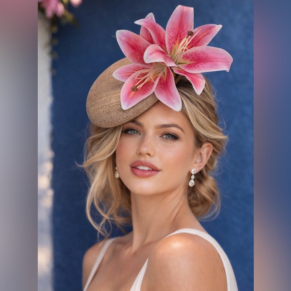 Derby Revival Accessories - Kentucky Derby Oaks Hat Pink Stargazer Lily Fascinator w Tan Base- Easter, Tea